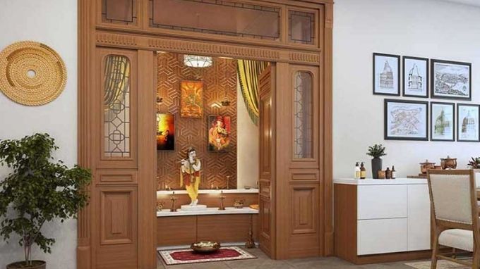 beautiful Pooja room designs in wood and glass