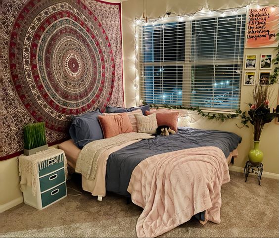 A corner double bed near the window