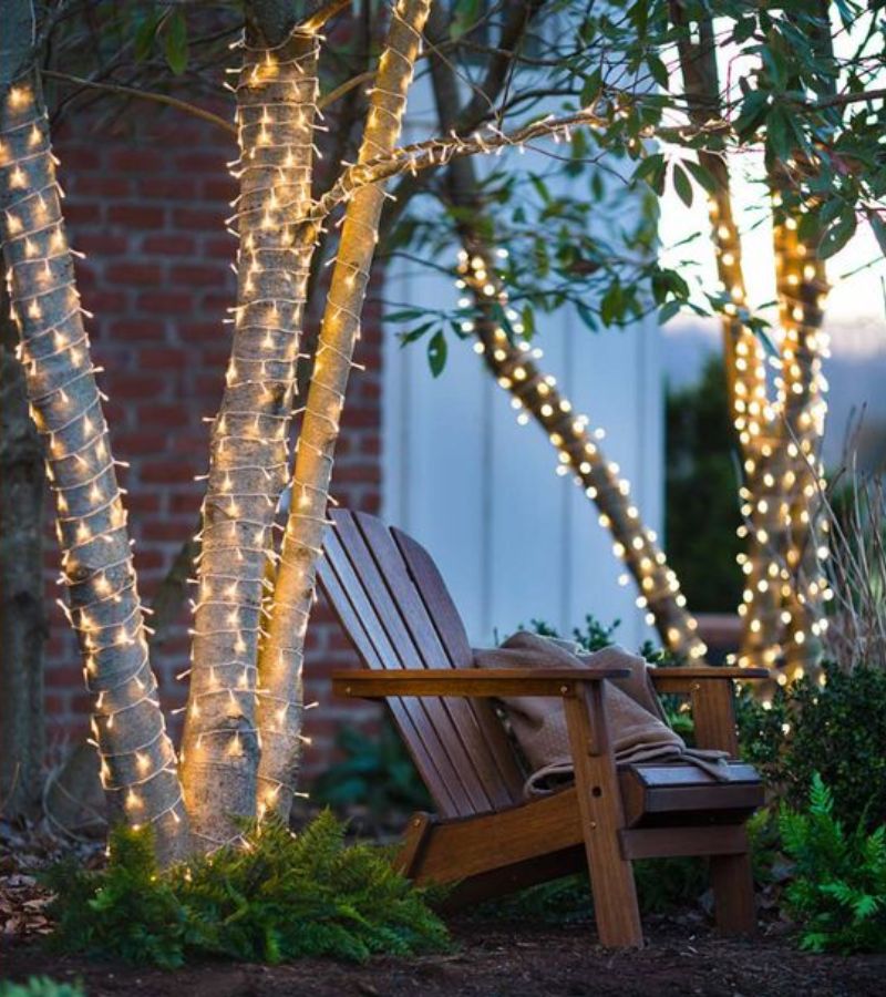 Fairy light-wrapped trees for garden decor