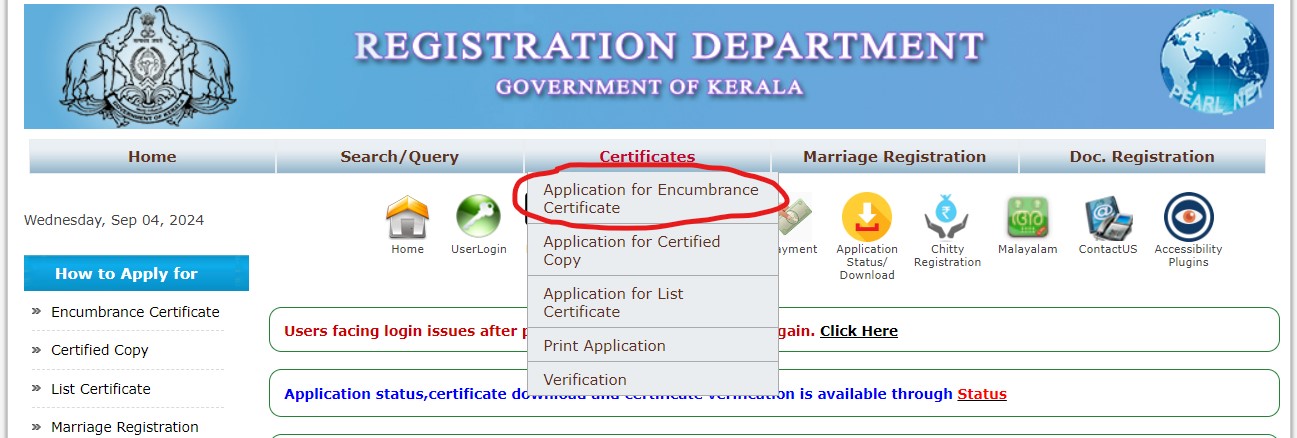 Kerala IGRS - EC Menu