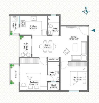 942 sq ft 2 BHK Floor Plan Image - Vishranthi Homes Sundarakand Available  for sale 